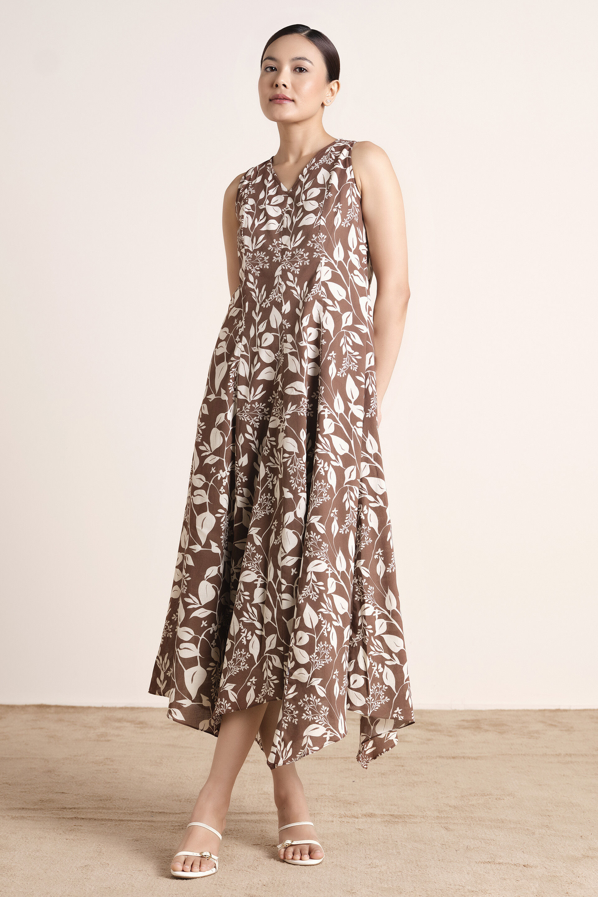 Leafy Brown Asymmetric Cotton Dress, Brown, image 3